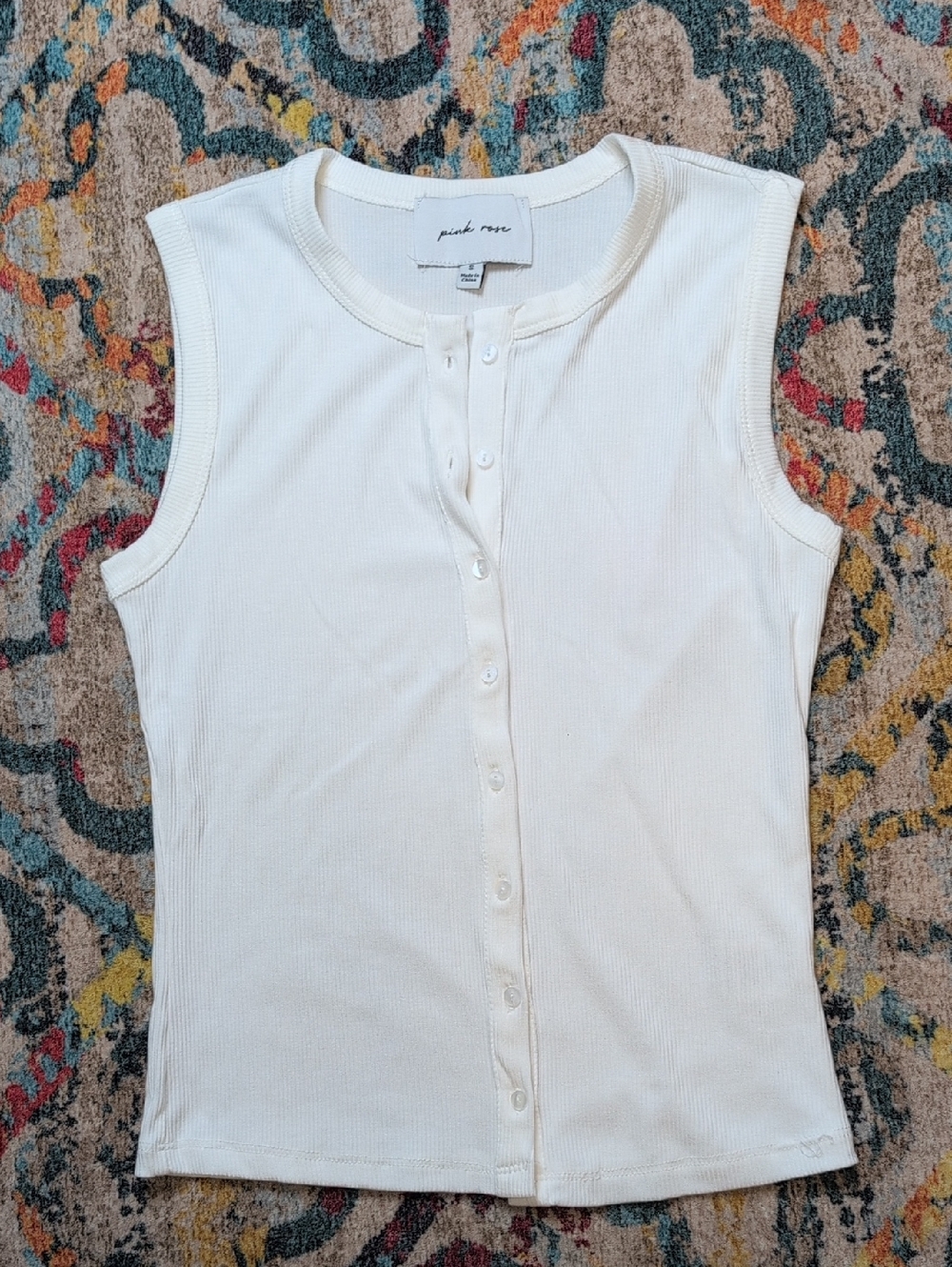 Pink Rose S Ivory Ribbed Sleeveless Button-Front Tank Top Like New